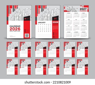 Calendar 2026-2027 design set and red cover calendar 2027 template, Week starts Sunday, Wall calendar 2027 year, set desk calendar design, planner, printing, poster, advertisement, vector eps10