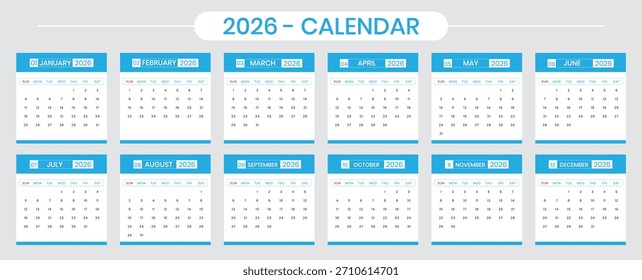 calendario 2026, Plantilla limpia, Vector anual en 2026,