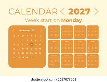 Calendar 2027 application style and the week starts on Monday