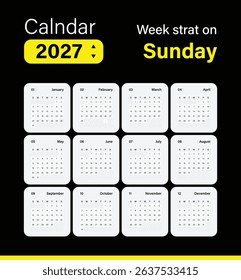 Calendar 2027 application style and the week starts on Sunday