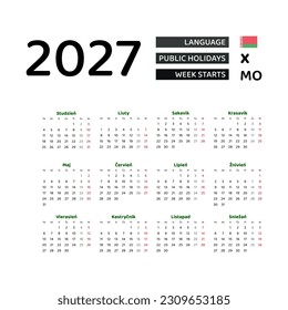 Calendar 2027 Belarusian language with Belarus public holidays. Week starts from Monday. Graphic design vector illustration.