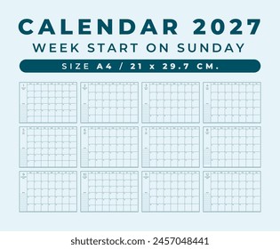 Calendar 2027 blank template clean and minimal design size A4, Week start on sunday