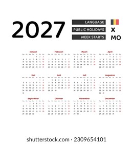 Calendar 2027 Dutch language with Belgium public holidays. Week starts from Monday. Graphic design vector illustration.