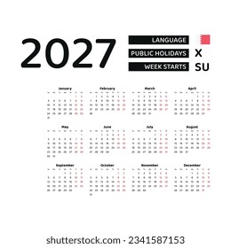 Calendar 2027 English language with Bahrain public holidays. Week starts from Sunday. Graphic design vector illustration.