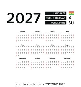 Calendar 2027 English language with Ghana public holidays. Week starts from Sunday. Graphic design vector illustration.