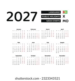 Calendar 2027 English language with Guyana public holidays. Week starts from Monday. Graphic design vector illustration.