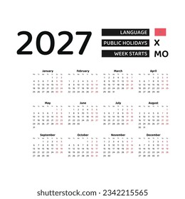Calendar 2027 English language with Morocco public holidays. Week starts from Monday. Graphic design vector illustration.
