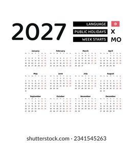 Calendar 2027 English language with Tunisia public holidays. Week starts from Monday. Graphic design vector illustration.
