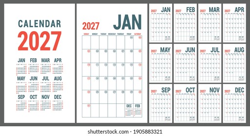 Calendar 2027. English red planner template. Vector grid. Office business planning. Creative design