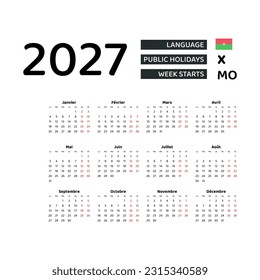 Calendar 2027 French language with Burkina Faso public holidays. Week starts from Monday. Graphic design vector illustration.