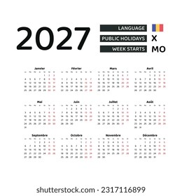 Calendar 2027 French language with Chad public holidays. Week starts from Monday. Graphic design vector illustration.