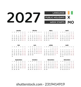 Calendar 2027 French language with Ivory Coast public holidays. Week starts from Monday. Graphic design vector illustration.