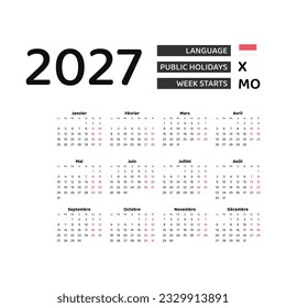 Calendar 2027 French language with Monaco public holidays. Week starts from Monday. Graphic design vector illustration.