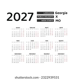 Calendar 2027 Georgian language with Georgia public holidays. Week starts from Monday. Graphic design vector illustration.