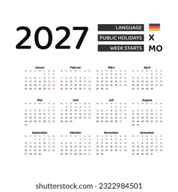 Calendar 2027 Germany language with German public holidays. Week starts from Monday. Graphic design vector illustration.