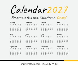 Calendar 2027, Handwriting font, Minimal style, Week start on sunday.