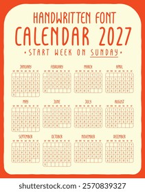 Calendar 2027 handwritten font style and the week starts on Sunday.