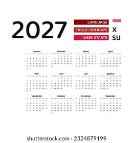 Calendar 2027 Indonesian language with Indonesia public holidays. Week starts from Sunday. Graphic design vector illustration.