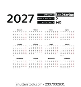 Calendar 2027 Italian language with San Marino public holidays. Week starts from Monday. Graphic design vector illustration.