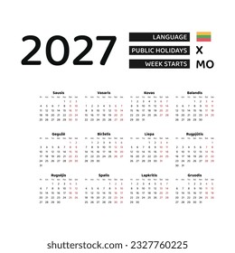 Calendar 2027 Lithuanian language with Lithuania public holidays. Week starts from Monday. Graphic design vector illustration.
