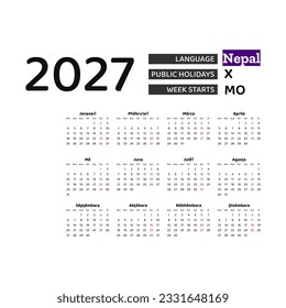 Calendar 2027 Nepali language with Nepal public holidays. Week starts from Monday. Graphic design vector illustration.