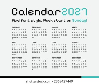Calendar 2027, Pixel font, Minimal style, Week start on sunday.