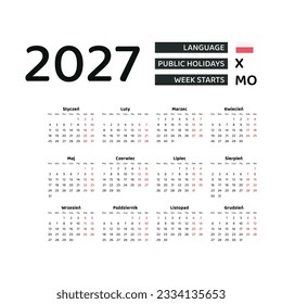 Calendar 2027 Polish language with Poland public holidays. Week starts from Monday. Graphic design vector illustration.