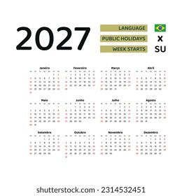 Calendar 2027 Portuguese language with Brazil public holidays. Week starts from Sunday. Graphic design vector illustration.