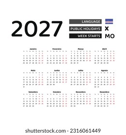 Calendar 2027 Portuguese language with Cape Verde public holidays. Week starts from Monday. Graphic design vector illustration.