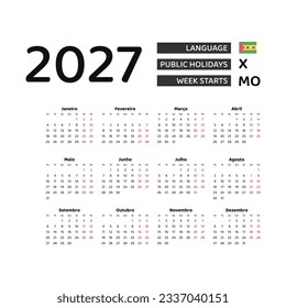 Calendar 2027 Portuguese language with Sao Tome and Principe public holidays. Week starts from Monday. Graphic design vector illustration.