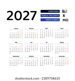 Calendar 2027 Serbian language with Bosnia and Herzegovina public holidays. Week starts from Monday. Graphic design vector illustration.