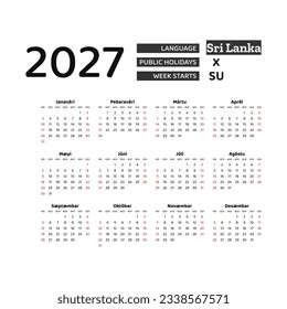Calendar 2027 Sinhala language with Sri Lanka public holidays. Week starts from Sunday. Graphic design vector illustration.