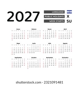 Calendar 2027 Spanish language with El Salvador public holidays. Week starts from Sunday. Graphic design vector illustration.