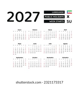 Calendar 2027 Spanish language with Equatorial Guinea public holidays. Week starts from Sunday. Graphic design vector illustration.