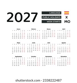 Calendar 2027 Spanish language with Spain public holidays. Week starts from Monday. Graphic design vector illustration.