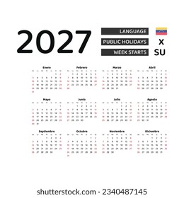 Calendar 2027 Spanish language with Venezuela public holidays. Week starts from Sunday. Graphic design vector illustration.