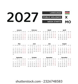 Calendar 2027 Swahili language with Kenya public holidays. Week starts from Monday. Graphic design vector illustration.