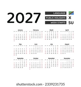 Calendar 2027 Swahili language with Tanzania public holidays. Week starts from Sunday. Graphic design vector illustration.