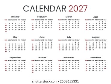 Plantilla Calendario 2027, сinicio de la semana 2025 Lunes, diseño de Vector corporativo, para la oficina.
