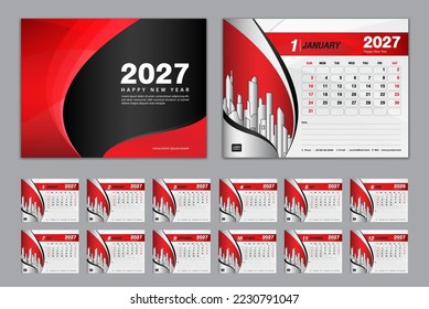 Vector de juego de plantillas de Calendar 2027, Semana comienza el domingo, conjunto de 12 meses, Calendario de escritorio 2027 año, calendario de pared 2027, planificador, plantilla de negocio, Papelería, medios de impresión, Fondo creativo rojo 