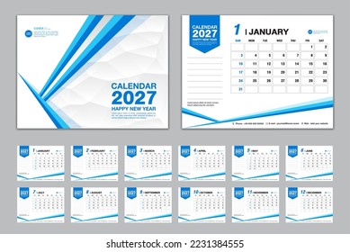 Calendar 2027 template set vector, Week starts Sunday, set of 12 month, Desk calendar 2027 year, wall calendar 2027, planner,  business template, Stationery, printing media, blue polygon background 
