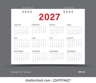 Calendar 2027 template vector, Set of 12 months, week starts on Sunday, Simple planner template, desk calendar 2027 year, wall calendar 2027 template, corporate template