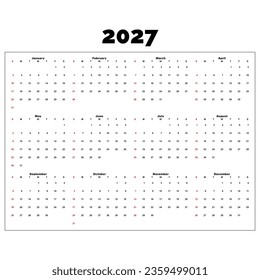 Calendar 2027 template vector, simple minimal design, Planner 2027 year, Wall calendar 2024 year, Week Starts sunday, Set of 12 calendar, advertisement, printing, stationery, organization office