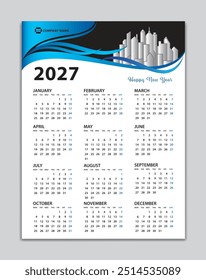 Calendar 2027 template, Wall Calendar 2027 Vector, Desk Calendar Design, Week Start On Monday, Poster, Planner, Stationery, Printing, vertical artwork, Blue wave background concept