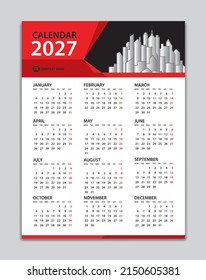 Calendar 2027 template, Wall Calendar 2027 year, Desk Calendar 2027 Design, Week Start On Monday, Poster, Planner, Stationery, Printing, vertical artwork, red polygon background concept