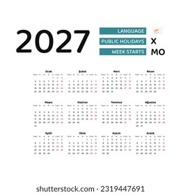 Calendar 2027 Turkish language with Cyprus public holidays. Week starts from Monday. Graphic design vector illustration.