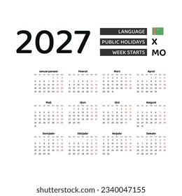 Calendar 2027 Turkmen language with Turkmenistan public holidays. Week starts from Monday. Graphic design vector illustration.