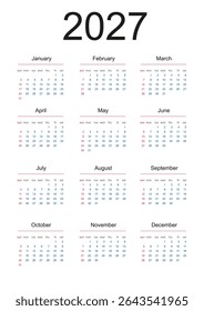 Calendário 2027 semana início domingo modelo vetor para o conjunto de design corporativo papel de carta. Capa de calendário de mesa 2027 ano design minimalista na orientação retrato. 
