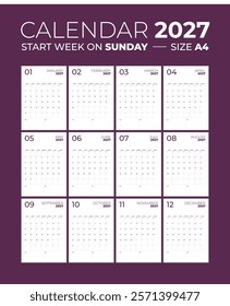Calendar 2027 the week starts on Sunday.