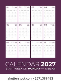 Calendar 2027 the week starts on Monday.